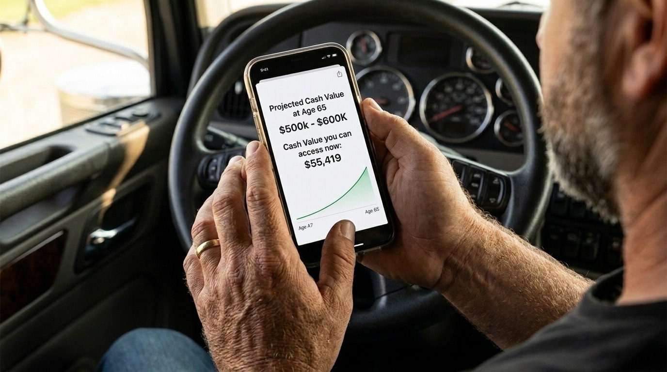 Smartphone showing a projected cash value growing to $500K-$600K by age 65