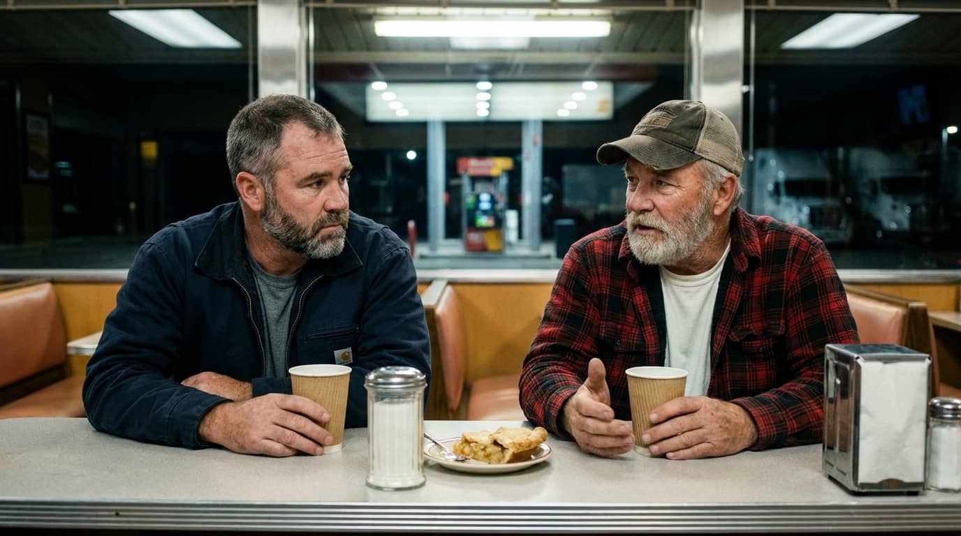 Two long-haul truckers talking over coffee at a fuel stop counter at night